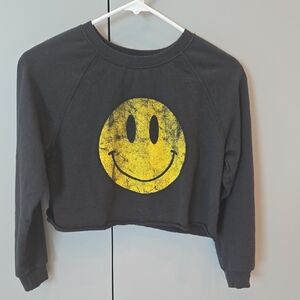 Prince Peter Collection Black Cropped Sweatshirt with Distressed Yellow Smiley